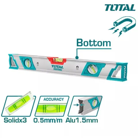 Thước Thủy Nhôm 60cm TOTAL TMT26086M - Có 2 Nam Châm Mạnh, Độ Chính Xác 0.5 mm/m, Thiết Kế Bề Mặt Phẳng