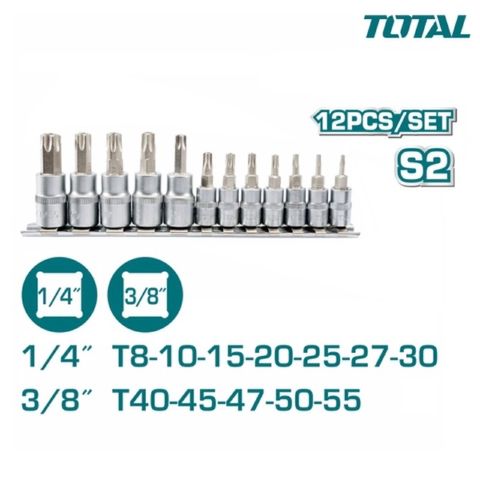 Bộ 12 Đầu Tuýp Lục Giác Bông TOTAL THT1438121 - Dụng Cụ Sửa Chữa Chất Liệu S2 và 50BV30, Mạ Crom, Tiện Dụng cho Thợ Sửa Chữa
