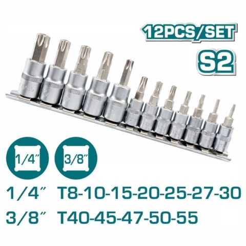 Bộ 12 Đầu Tuýp Lục Giác Bông TOTAL THT1438121 - Dụng Cụ Sửa Chữa Chất Liệu S2 và 50BV30, Mạ Crom, Tiện Dụng cho Thợ Sửa Chữa