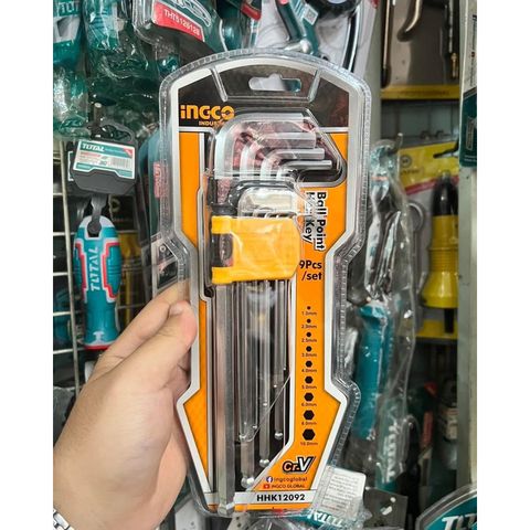 Bộ 9 Chìa Lục Giác Đầu Bi Dài INGCO HHK12092 - Dụng Cụ Sửa Chữa Chất Lượng Cao, Chịu Nhiệt Thép Chrome