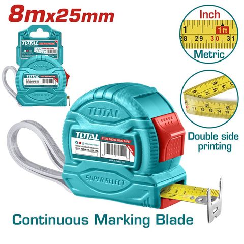 Thước Kéo Thép 8 Mét TOTAL TMT34825 - Dụng Cụ Đo Hệ Inch và Mét, Vỏ Nhựa ABS Chất Lượng cao