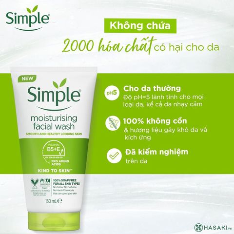 Sữa rửa mặt Simple Kind To Skin Dưỡng ẩm 150ml - Làm sạch nhẹ nhàng, Phù hợp cho da nhạy cảm, Không hương liệu, Không paraben