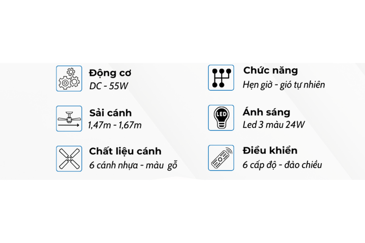 Quạt trần đèn Klasse 58KSA 902 - Động cơ 55W, 6 cánh nhựa, đèn LED 24W tiết kiệm điện, điều khiển 6 chế độ linh hoạt
