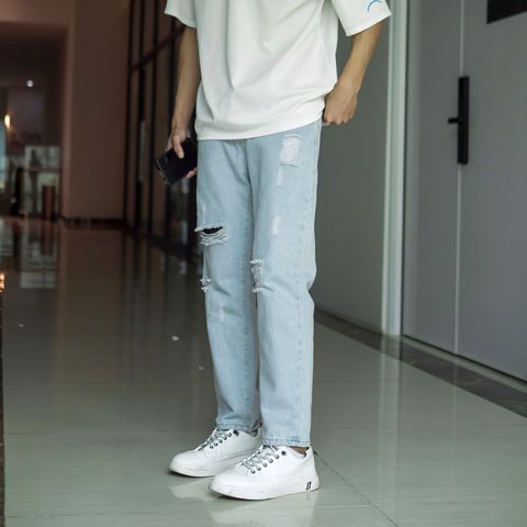 Quần Jean Baggy Nam Rách Gối Màu Xanh Trắng Nhạt - Thời Trang Cao Cấp, Dáng Suông, Phong Cách Trẻ Trung, Mã 050 Pon.mens