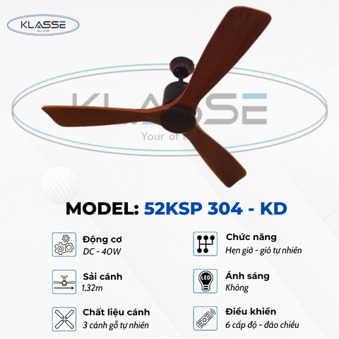 Quạt Trần Gỗ Klasse 52KSP 304 - Công Suất 40W, 3 Cánh 1,32m, Điều Khiển 6 Chế Độ, Tiết Kiệm Điện, Chống Ồn