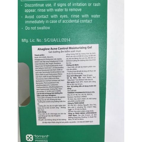 Gel Dưỡng Ẩm Kiểm Soát Mụn Ahaglow - Giảm Mụn và Dưỡng Ẩm Da - 50g, Gel Trị Mụn Hiệu Quả từ Ấn Độ