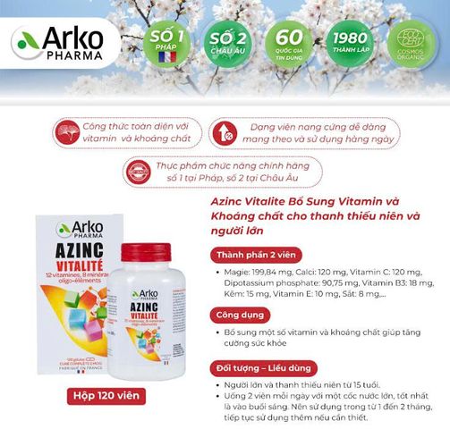Viên uống Arkopharma Azinc Vitalite - Bổ sung Vitamin và Khoáng chất hỗ trợ sức khỏe toàn diện cho người lớn và thanh thiếu niên, 120 viên từ Pháp
