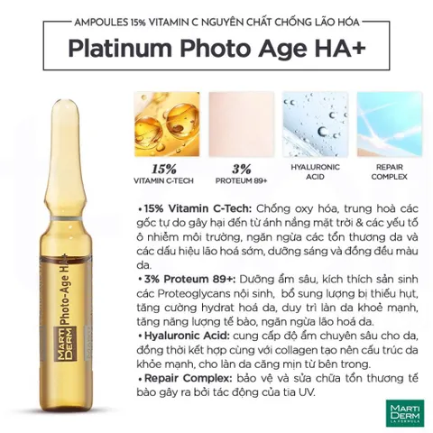 Tinh Chất Chống Lão Hóa Martiderm Platinum Photo Age HA+ - 30 Ống Ampoule 15% Vitamin C Nguyên Chất, Sáng Da, Săn Chắc Da
