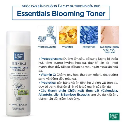 Nước Cân Bằng Dưỡng Ẩm MartiDerm Essentials Blooming Toner 200ml - Giúp Làm Sáng, Làm Dịu Da Thường Đến Khô, Tươi Mát như Hoa Nở Rộ