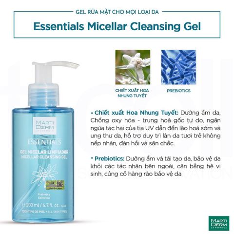 Gel Rửa Mặt MartiDerm Essentials Micellar 200ml - Tẩy Trang, Làm Sạch Sâu Dịu Nhẹ Cho Mọi Loại Da, An Toàn Cho Da Nhạy Cảm