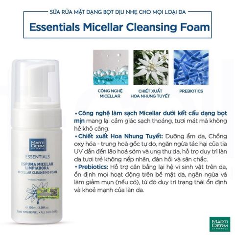Sữa Rửa Mặt Dạng Bọt MartiDerm Essentials 100ml - Làn Da Sạch Sâu, Dịu Nhẹ, Phù Hợp Với Da Nhạy Cảm, Chống Oxy Hóa Edelweiss