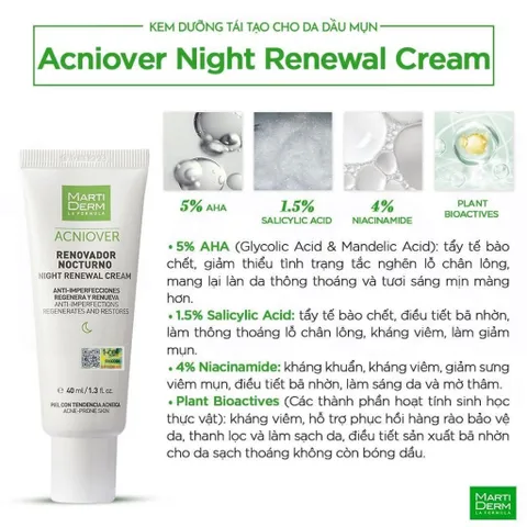 Kem Dưỡng Ban Đêm MartiDerm Acniover 40ml - Tái Tạo Da Cho Da Dầu Mụn, Giảm Mụn và Lỗ Chân Lông, Chống Viêm, Không Nhờn Dính
