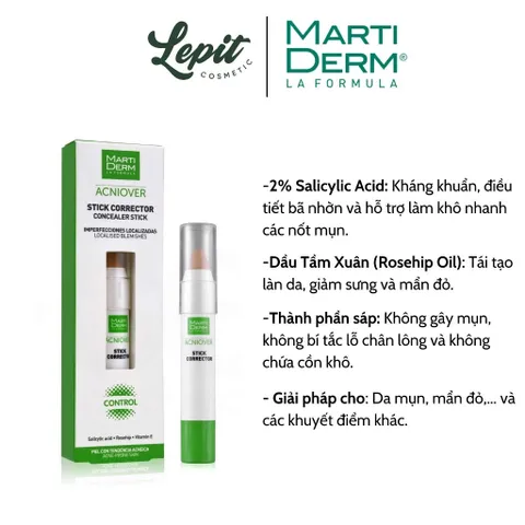 Bút Che Khuyết Điểm MartiDerm Acniover 15ml - Giảm Mụn & Làm Khô Nhanh Với 2% Salicylic Acid, Giải Pháp Cho Da Dầu, Mụn Thâm