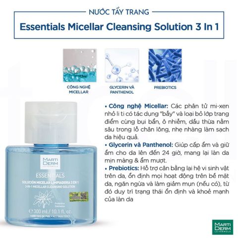 Nước Tẩy Trang MartiDerm Essentials 3 Trong 1 300ml - Làm Sạch Sâu, Cấp Ẩm, Phù Hợp Với Da Nhạy Cảm và Da Dầu