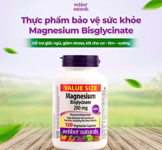 Viên uống Magnesium Bisglycinate 200mg Webber Naturals - Hỗ trợ sức khỏe xương, giảm căng thẳng, cải thiện giấc ngủ và chức năng cơ bắp
