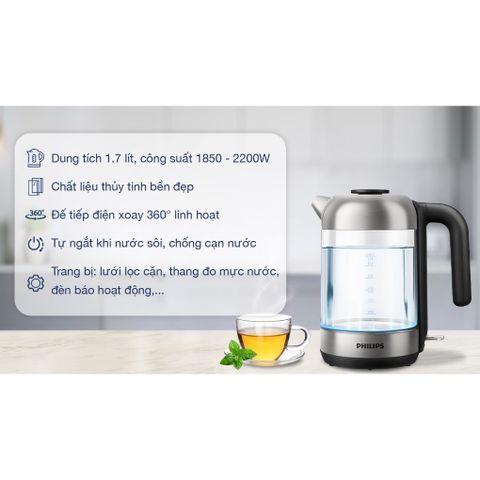 Bình Đun Siêu Tốc Philips HD9339 Thủy Tinh 1.7L, Công Suất 2200W, Thiết Kế Sang Trọng, Bảo Hành 2 Năm, Phù Hợp Gia Đình và Văn Phòng