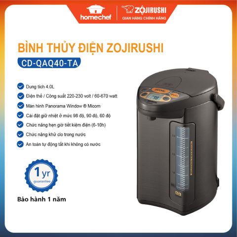 Bình Thủy Điện Zojirushi CD-QAQ40-TA 4L - Công Suất 670W, Hẹn Giờ Thông Minh, An Toàn, Hàng Nhật, Bảo Hành 1 Năm