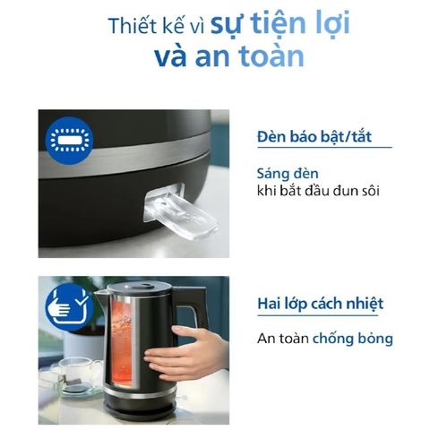 Bình đun nước siêu tốc Philips HD9395 1.7L - Công suất 2200W, An toàn, Thiết kế đẹp, Bảo hành 2 năm