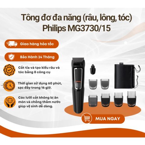 Máy Tỉa Râu Tóc Đa Năng 8 Trong 1 Philips MG3730/15 - Lưỡi Thép Mài Bén, Pin 60 Phút, Bảo Hành 2 Năm, Tiện Dụng Ở Nhà Và Du Lịch