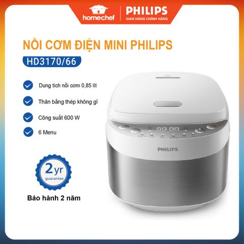 Nồi Cơm Điện Mini Philips HD3170 - Dung Tích 0.85L, Công Suất 600W, 8 Chế Độ Nấu Tự Động, Hàng Chính Hãng 2 Năm Bảo Hành