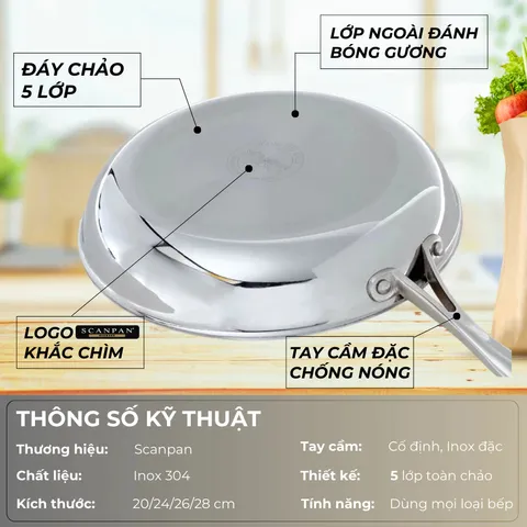 Chảo inox 304 cao cấp Scanpan Impact 20cm 71002000, đáy 3 lớp, dùng bếp từ, máy rửa bát