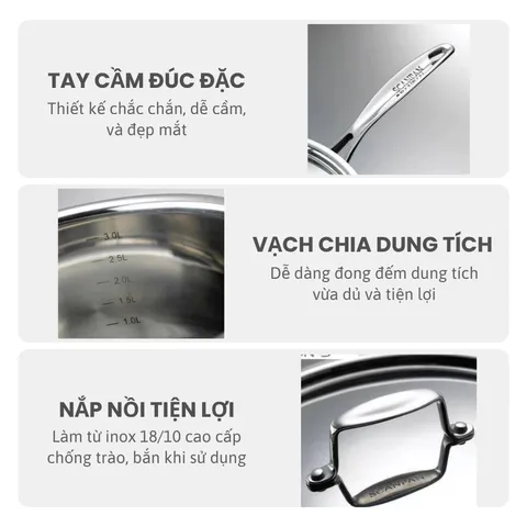 Nồi Inox Scanpan Fusion5 2L/16cm - Đúc Liền 5 Lớp, Dùng Bếp Từ, An Toàn Máy Rửa Bát, Chất Liệu Cao Cấp Chính Hãng