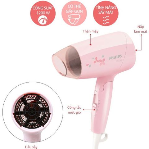Máy Sấy Tóc Du Lịch Mini Philips BHC010/00 - Công Suất 1200W, Thiết Kế Nhỏ Gọn, Bảo Vệ Tóc Tối Ưu, Thời Trang Hồng Pastel