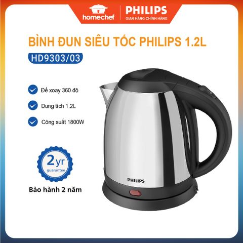 Bình đun nước siêu tốc Philips HD9303, dung tích 1.2L, công suất 1800W, inox cao cấp, bảo hành 2 năm - Thiết kế sang trọng và tiện dụng