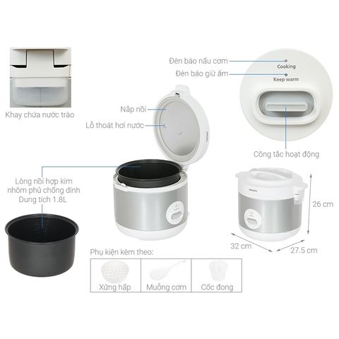 Nồi Cơm Điện Philips HD3008 1.8L - Công Suất 775W, Nấu Cơm Chín Đều, Thiết Kế Hiện Đại, Bảo Hành 2 Năm