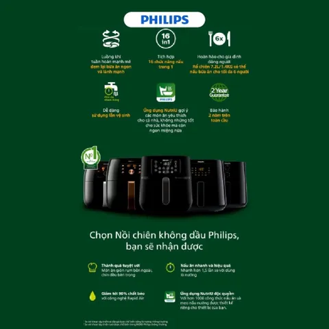 Nồi Chiên Không Dầu Philips HD9285 XXL 7.2L 2000W - Công Nghệ Rapid Air Tiết Kiệm Dầu - Dễ Sử Dụng và Vệ Sinh