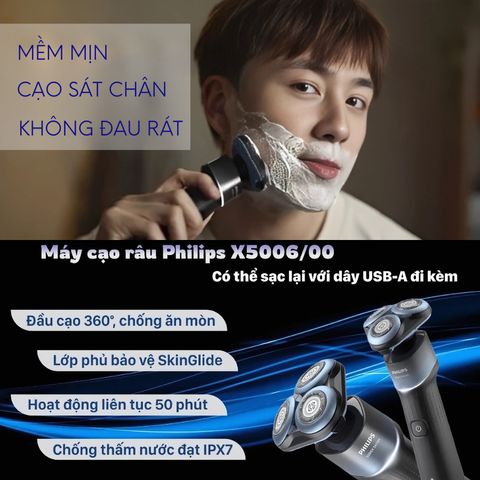 Máy Cạo Râu Philips X5006 - Cạo Khô Và Ướt, Công Nghệ SkinGlide Êm Mượt, Đầu Cạo 360°, Bảo Hành 2 Năm Chính Hãng