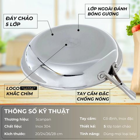 Chảo Inox 5 Lớp Scanpan Fusion5 26cm Cao Cấp, Chịu Nhiệt Cho Bếp Từ, An Toàn Dùng Máy Rửa Bát