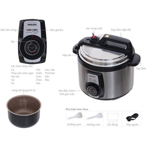 Nồi áp suất cơ Philips HD2103 - Dung tích 5L, 900W, menu nấu đa dạng, bảo hành 2 năm, món ăn nhanh gọn tiện lợi cho gia đình