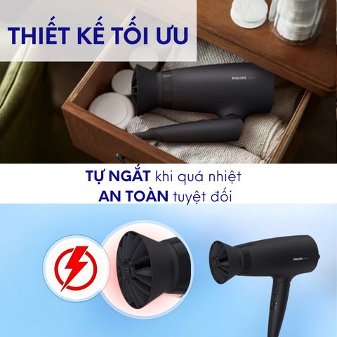 Máy Sấy Tóc Philips BHC015 - 1200W, Công Nghệ ThermoProtect, Thiết Kế Nhỏ Gọn, 3 Chế Độ Sấy, Dễ Dàng Mang Đi Du Lịch