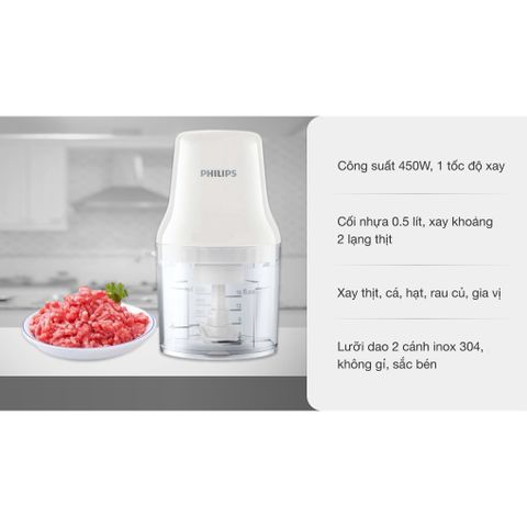 Máy Xay Thịt Philips HR1393 - Công Suất 450W, Dung Tích 0.7L, Hàng Chính Hãng, Bảo Hành 2 Năm, Tiện Dụng Cho Nội Trợ