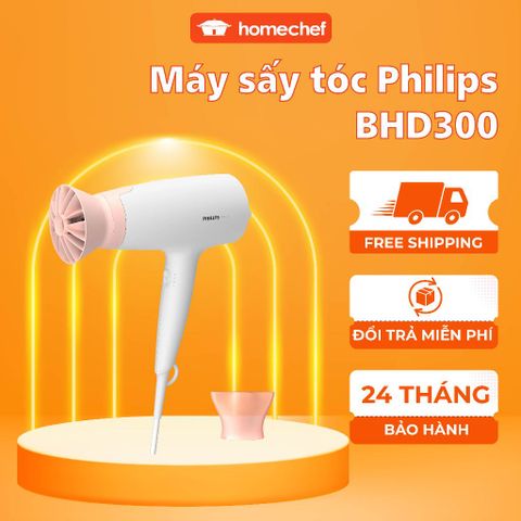 Máy Sấy Tóc Philips BHD300 - 1600W, Công Nghệ ThermoProtect, Thiết Kế Gọn Nhẹ, Bảo Hành 2 Năm, Tạo Kiểu Tóc Dễ Dàng