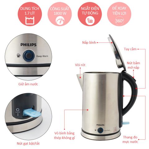 Bình Đun Nước Siêu Tốc Philips HD9316 1.7L - 1800W, Thép Không Gỉ, Bảo Hành 2 Năm, An Toàn và Tiết Kiệm Điện