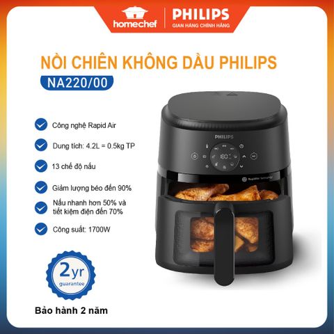 Nồi Chiên Không Dầu Philips 4.2L NA220 - Chiên 0.6kg Thực Phẩm, 13 Chức Năng Nấu, Bảo Hành 2 Năm, Hàng Chính Hãng