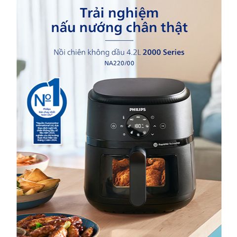 Nồi Chiên Không Dầu Philips 4.2L NA220 - Chiên 0.6kg Thực Phẩm, 13 Chức Năng Nấu, Bảo Hành 2 Năm, Hàng Chính Hãng