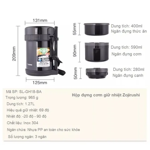 Hộp Cơm Giữ Nhiệt Zojirushi SL-GH18-BA 1.27L – Giữ Nóng Lên Đến 6 Tiếng, Thiết Kế 3 Ngăn Tiện Lợi