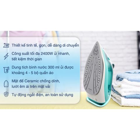 Bàn ủi hơi nước cầm tay Philips DST3030 - 2400W, phun hơi tự động, chống dính, bảo hành 2 năm, dung tích 300ml, phù hợp mọi loại vải