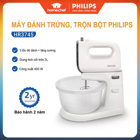 Máy đánh trứng 2in1 cầm tay và để bàn Philips HR3745 - Dung tích 3L, công suất 450W, bảo hành 2 năm, trộn bột hiệu quả với động cơ mạnh mẽ