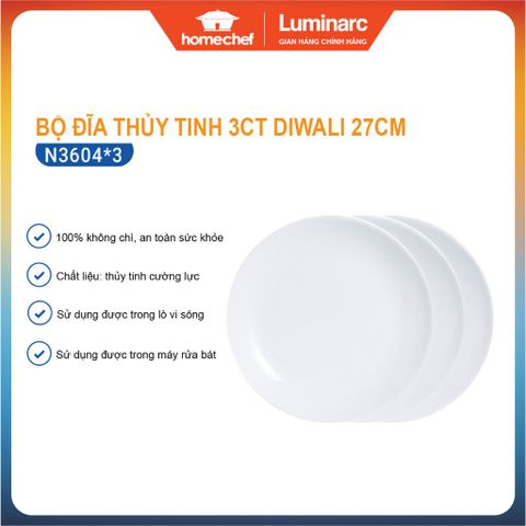 Bộ 6 Đĩa Thủy Tinh Luminarc Diwali 27cm - Hàng Chính Hãng, Dùng Lò Vi Sóng, Máy Rửa Bát, Sang Trọng, Tiện Lợi