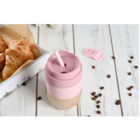 Cốc thủy tinh Luminarc Ease 350ml màu hồng - Chất liệu chịu nhiệt, chống sốc, có nắp đậy kín, an toàn mang theo