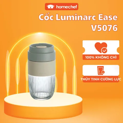 Cốc thủy tinh Luminarc Ease 500ml màu xám - Chống tràn, chịu nhiệt, dễ mang theo, nắp kín tiện lợi
