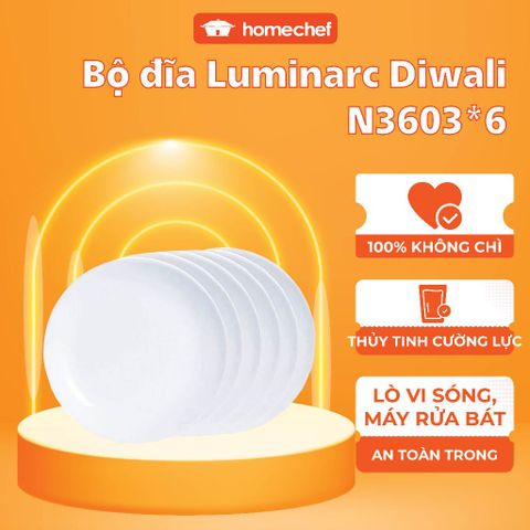 Bộ 6 Đĩa Thủy Tinh Luminarc Diwali 19cm N3603*6 - Chịu Sốc Nhiệt, An Toàn Dùng Lò Vi Sóng và Máy Rửa Bát