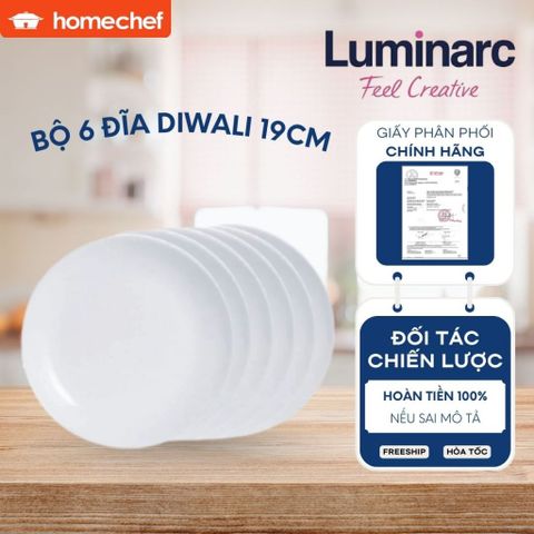 Bộ 6 Đĩa Thủy Tinh Luminarc Diwali 19cm N3603*6 - Chịu Sốc Nhiệt, An Toàn Dùng Lò Vi Sóng và Máy Rửa Bát