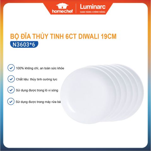 Bộ 6 Đĩa Thủy Tinh Luminarc Diwali 19cm N3603*6 - Chịu Sốc Nhiệt, An Toàn Dùng Lò Vi Sóng và Máy Rửa Bát