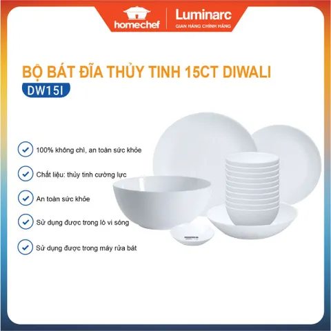 Bộ bát đĩa (tô, chén, dĩa) thủy tinh  Luminarc Diwali 15 chi tiết, chịu sốc nhiệt tốt - DW15L