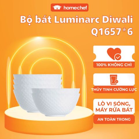Bộ 6 bát tô thủy tinh Luminarc Diwali Precious 18cm - An toàn với lò vi sóng và máy rửa bát, thiết kế tinh tế cho không gian bếp hiện đại